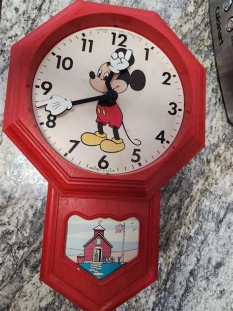 Vintage Disney Mickey Mouse School House Red Wall Clock Welby By Elgin