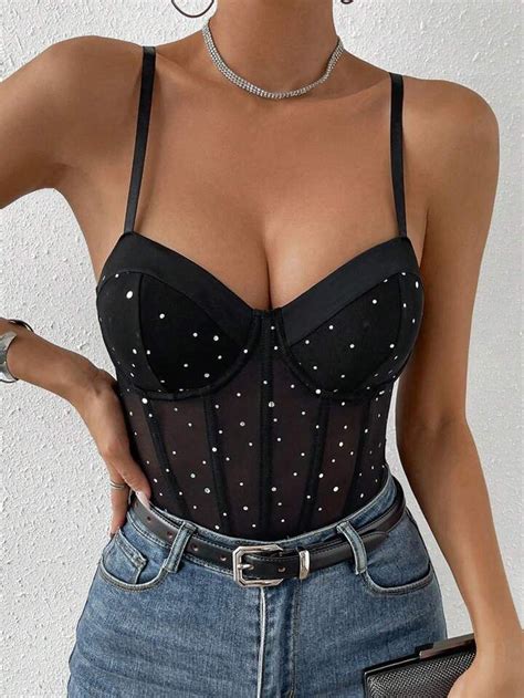 Shein Bae Detalhe De Strass Busti Malha Bodysuit Cami Fatos