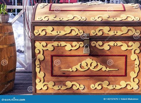 Wooden Chest with Lock and Decorative Ornament Stock Image - Image of ...