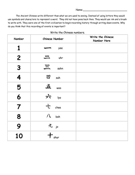 Chinese Number Worksheet