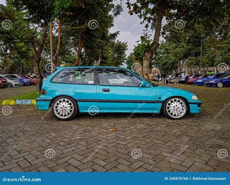 Modified Blue Honda Civic Hatchback In A Parking Lot Editorial Stock