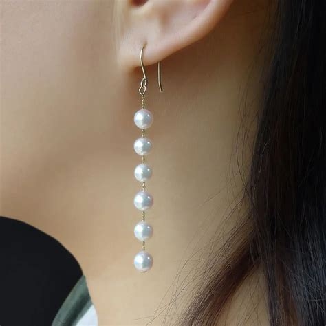 Classic Mm Aaa White Real Akoya Pearl Long Drop Earrings K