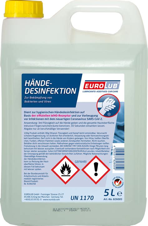 EUROLUB Händedesinfektion Desinfektionsmittel 5 Liter Kanister