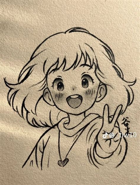 A Drawing Of A Girl Making The Peace Sign