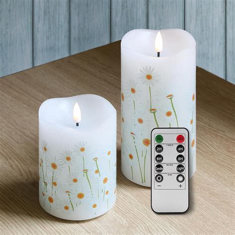 Eywamage White Daisy Flameless Pillar Candles With Remote Real Wax