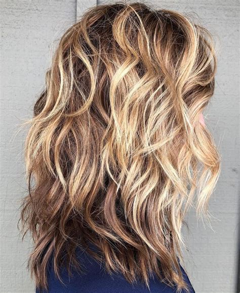 Light Chocolate Shag With Blonde Balayage Wavy Layered Hair Medium Shag Haircuts Long Hair