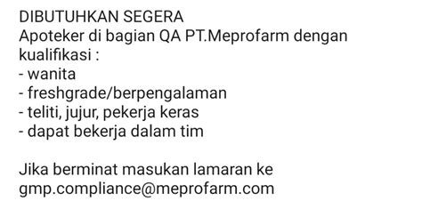 Lowongan Kerja Quality Assurance Di Pt Meprofarm Desember Tambnas