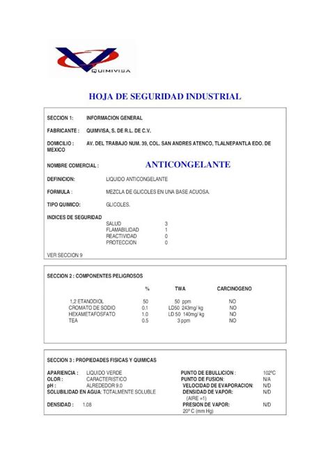 Pdf Hoja De Seguridad Anticogelante Quiacsa De Seguridad