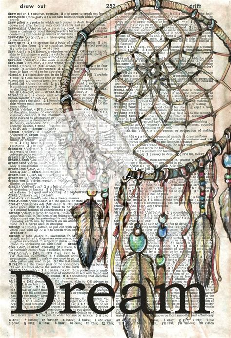 PRINT: Dream Catcher Mixed Media Drawing on Dictionary Page | Book page ...