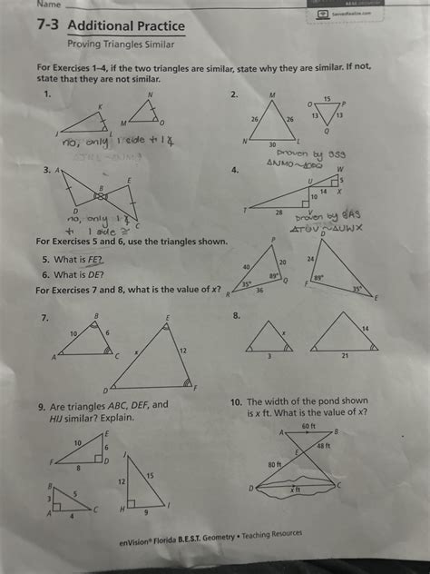 Name 7 3 Additional Practice Proving Triangles Similar For