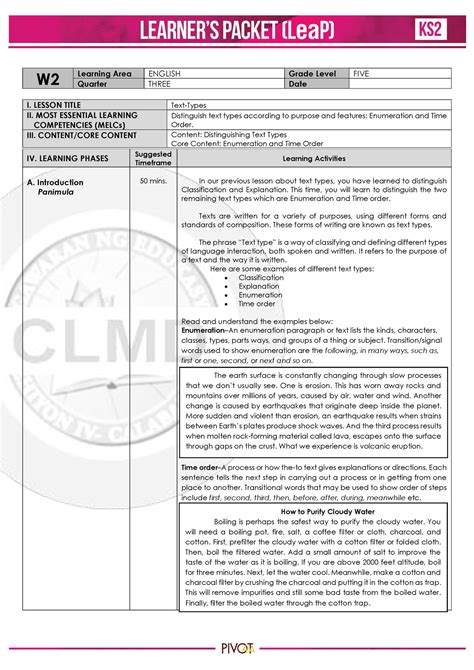 English 5 Q3 Week 2 W 2 Learning Area English Grade Level Five