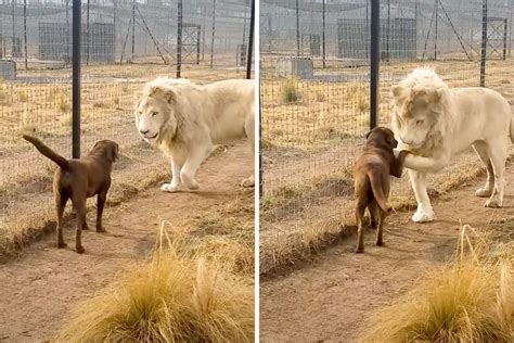 Ein Löwe trifft auf einen Hund Was das Raubtier dann macht bringt