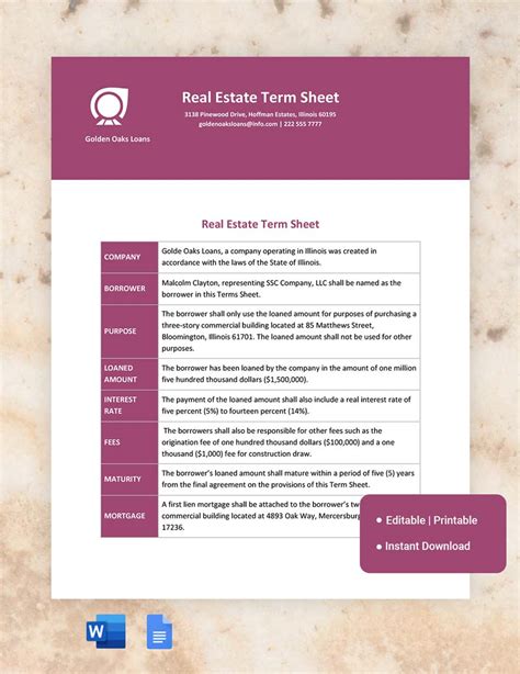 Commercial Real Estate Term Sheet Template