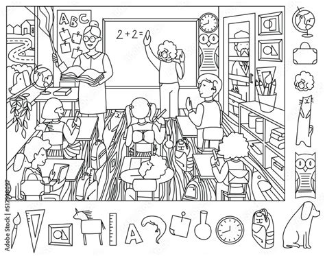 Vecteur Stock Teacher with children in class. Find and color hidden ...