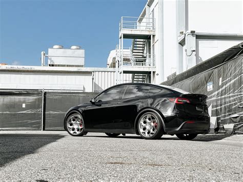 Black Tesla Model Y Up Cybrhex Forged Wheels In Satin Titanium