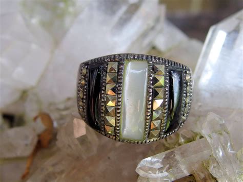 Sterling Silver Mother Of Pearl Black Onyx Marcasite Ring Etsy