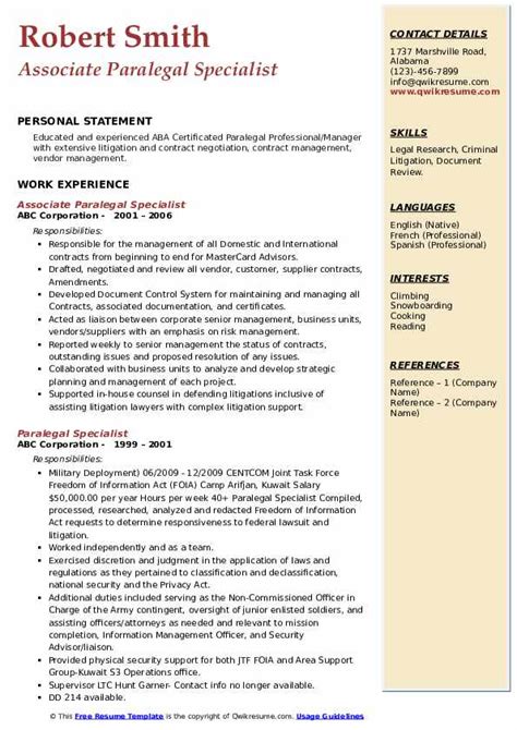 Paralegal Specialist Resume Samples QwikResume