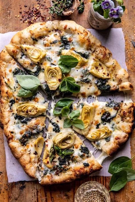 Spinach And Artichoke Pizza With Cheesy Bread Crust Half Baked Harvest