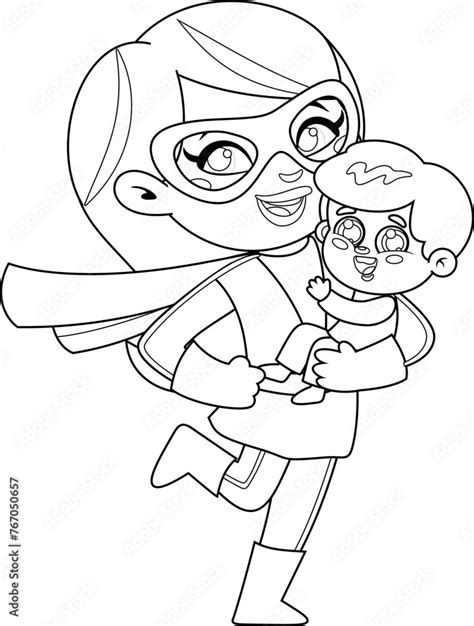 Outlined Super Hero Mom Carrying Her Son Cartoon Characters Vector