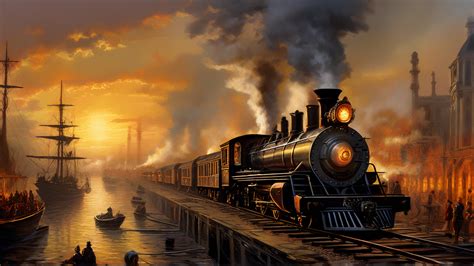 Vintage Victorian Era Steam Train Blazing Past A Bustling Ha By