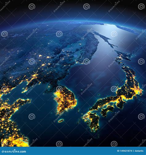 Detailed Earth. Korea and Japan on a Moonlit Night Stock Illustration ...