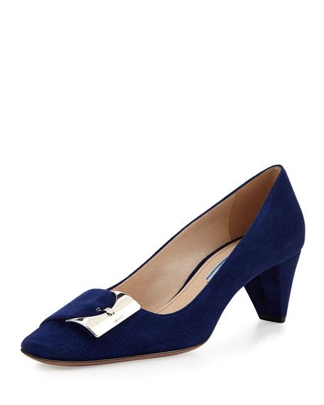 Prada Low Heel Suede Buckle Pump Navy