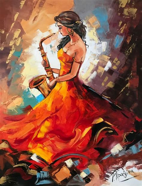 Girl Playing Saxophone Painting Jazz Wall Art Girl In Red Dress