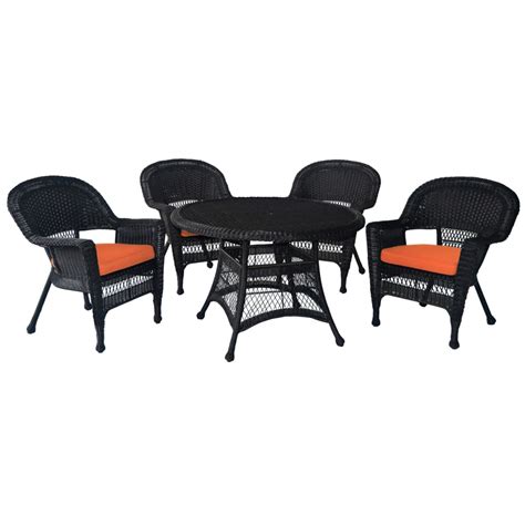 5pc Espresso Wicker Dining Set Orange Cushions