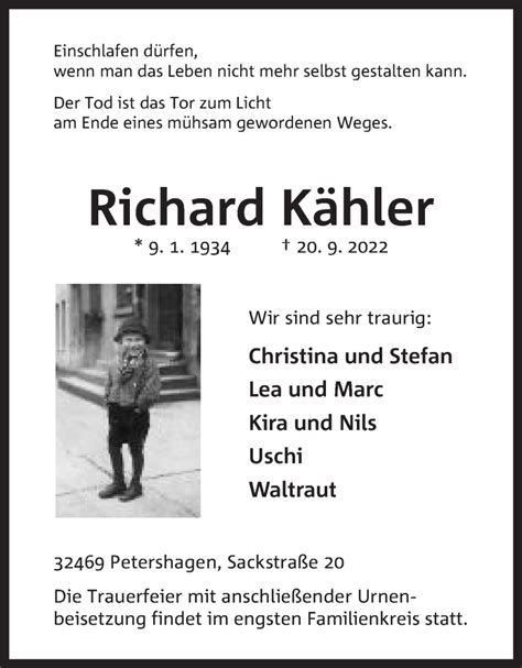 Traueranzeigen Von Richard K Hler Trauer Mt De