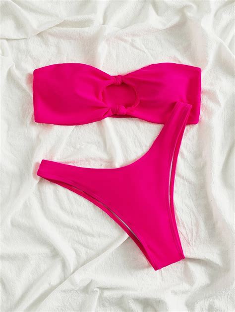 Swim Mod Conjunto De Bikini Liso Con Decoraci N De Nudos Parte Superior De Bandeau Y Bottom De