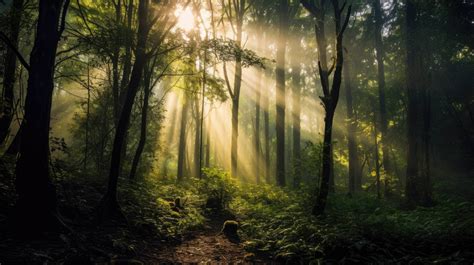 A Misty Morning In A Dense Forest With Sun Rays Piercing Through The