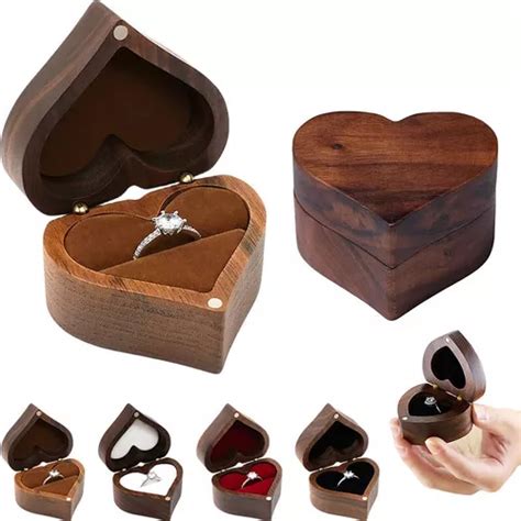 Caja Corazón De Madera Nogal Para Anillos De Boda Compromiso Meses