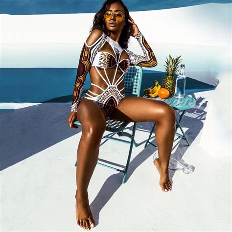 African Dashiki Print Monokini Bandage Swimsuit Long Sleeve Swimwear