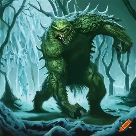 Strong Creature Battling Monsters In A Cold Forest In Fantasy Art Style