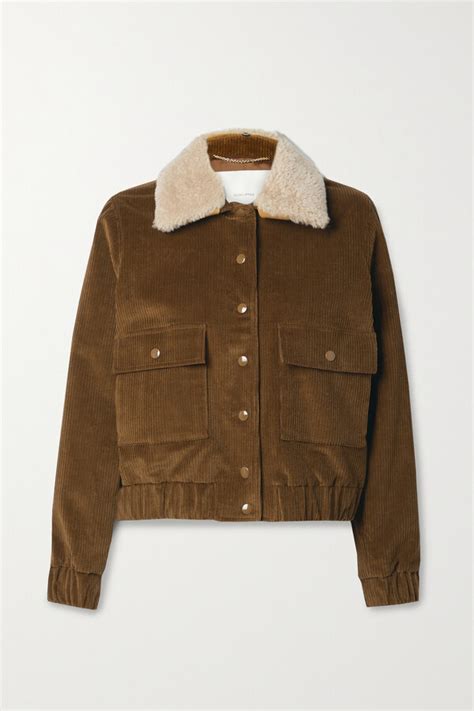 Adam Lippes Shearling Trimmed Cotton Blend Corduroy Jacket Brown