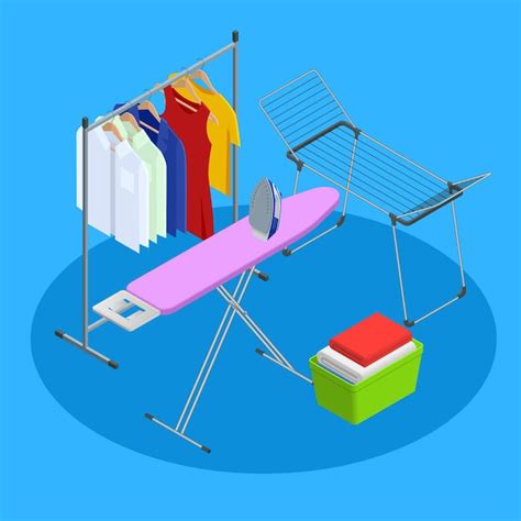 Premium Vector Isometric Iron Ironing Board And Laundry Basketf Flat