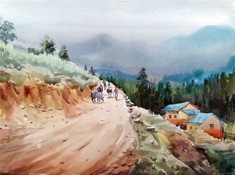 Himalaya Mountain Village Road Painting By Samiran Sarkar Saatchi Art