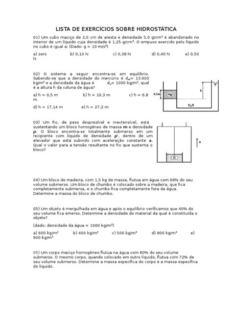 Exercício Sobre Hidrostática - Exercícios de Hidrostática Avançada | PDF | Densidade | Massa