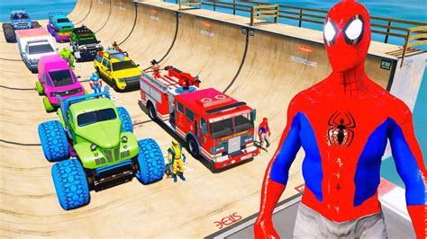 SPIDER MAN FIRE Truck Сhallenge Jump on MEGA Rampa Monster Trucks