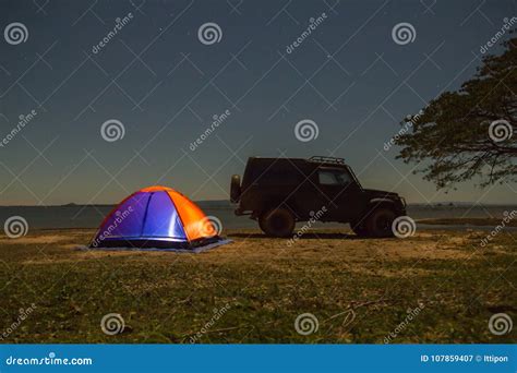 Orange Camping Tent And Jeep At Night Time Stock Image Image Of