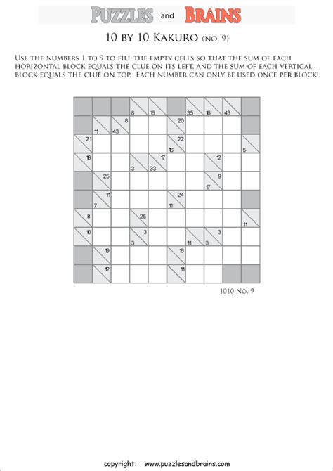 Printable 10 By 10 Math Kakuro Puzzles For Young And Old Math Students