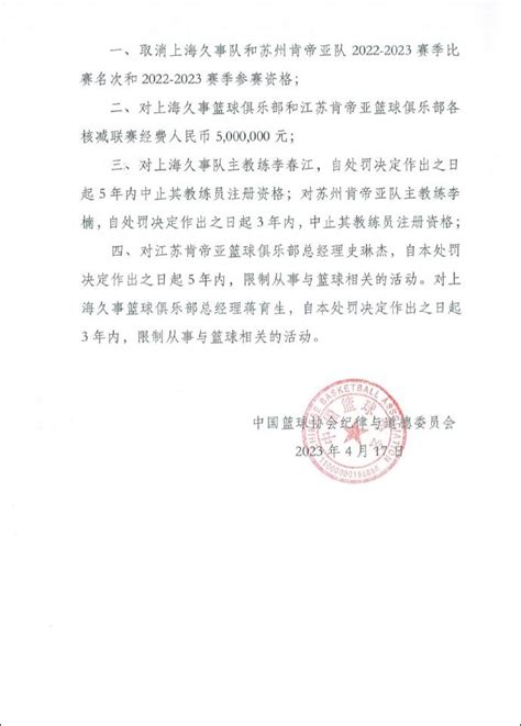 中国篮协公布“cba假球事件”处罚结果：取消两队本赛季参赛资格，各罚500万财经头条