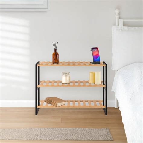 Woodluv Tier Natural Bamboo Shoe Rack Stand Natural Black