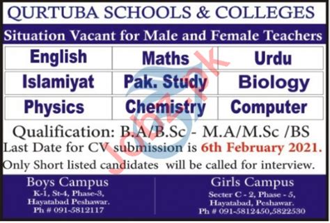 Qurtuba Schools And Colleges Peshawar Jobs 2021 For Teachers 2024 Job