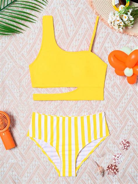 Tween Girls Cutout Stripe Splice Bikini With Separated Bottoms Set SHEIN Singapore