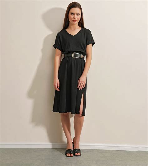 Buy Bigdart Solid Belted V Neck Slit Midi Dress In Black 6thstreet