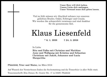 Traueranzeigen Von Klaus Liesenfeld Rz Trauer De