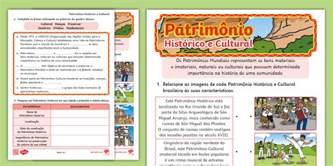 Atividades Sobre Patrimônio Histórico E Cultural 5o Ano - Patrimônio histórico e cultural - Folha de atividades