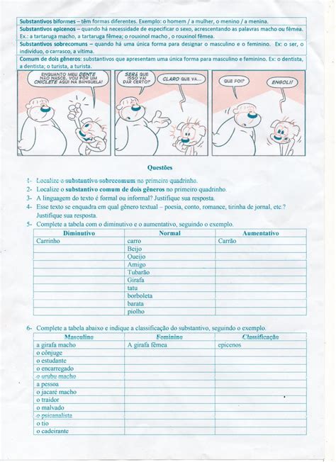 Atividades Com Substantivos Biformes E Uniformes Com Gabarito