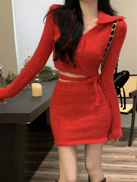 Two Piece Set Women Korean Fashion Party Button Design Knited Sweater